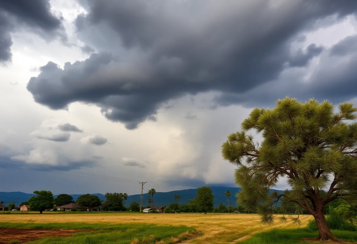 Dark storm clouds and hail falling during severe thunderstorms in Augusta