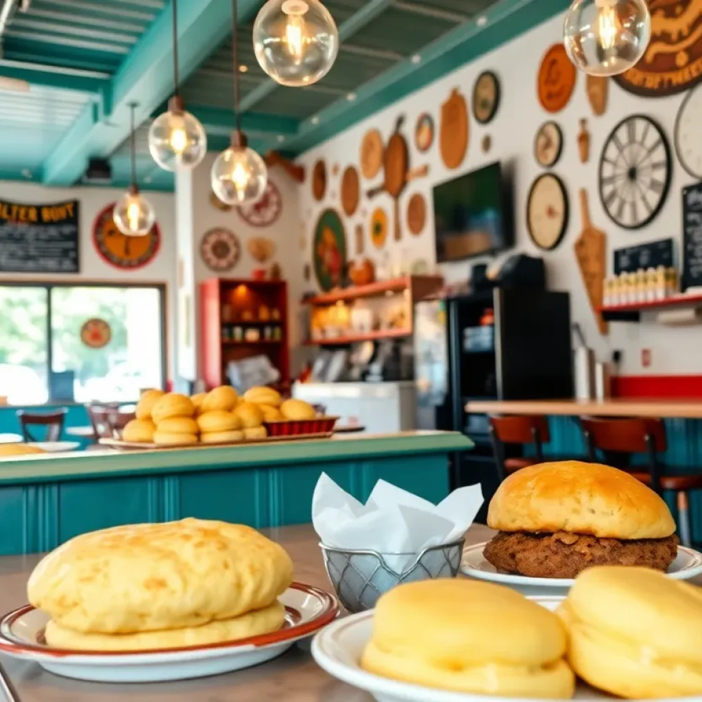 Interior of Bad Biscuit restaurant with colorful decor and food displays