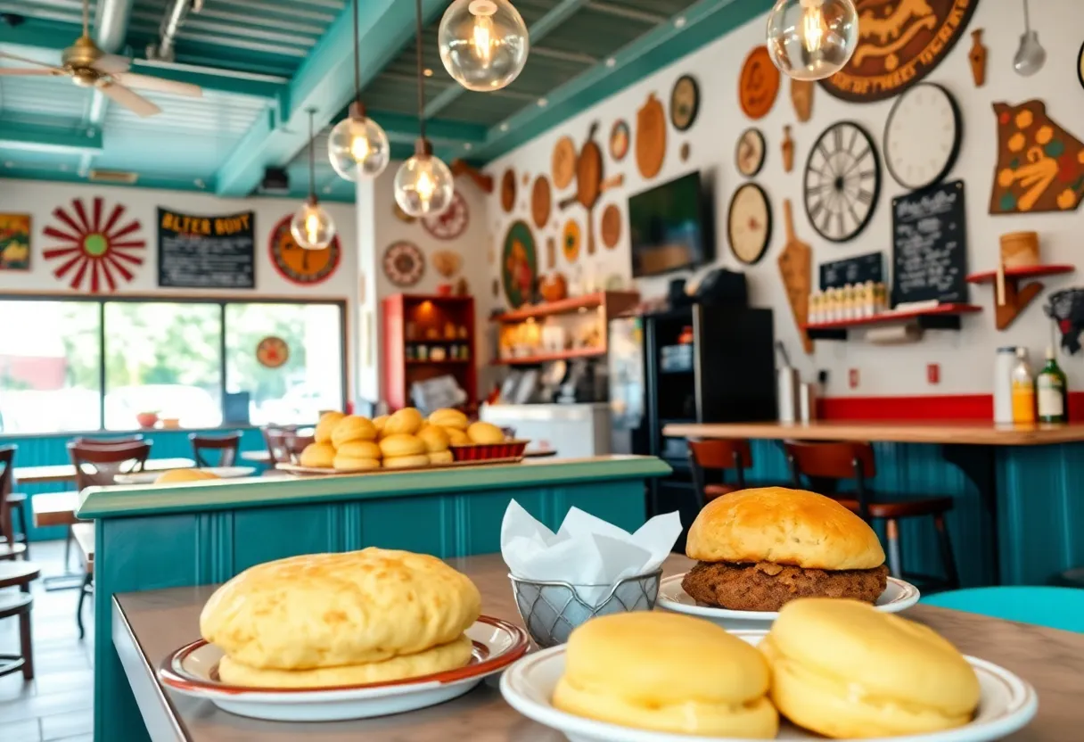 Interior of Bad Biscuit restaurant with colorful decor and food displays