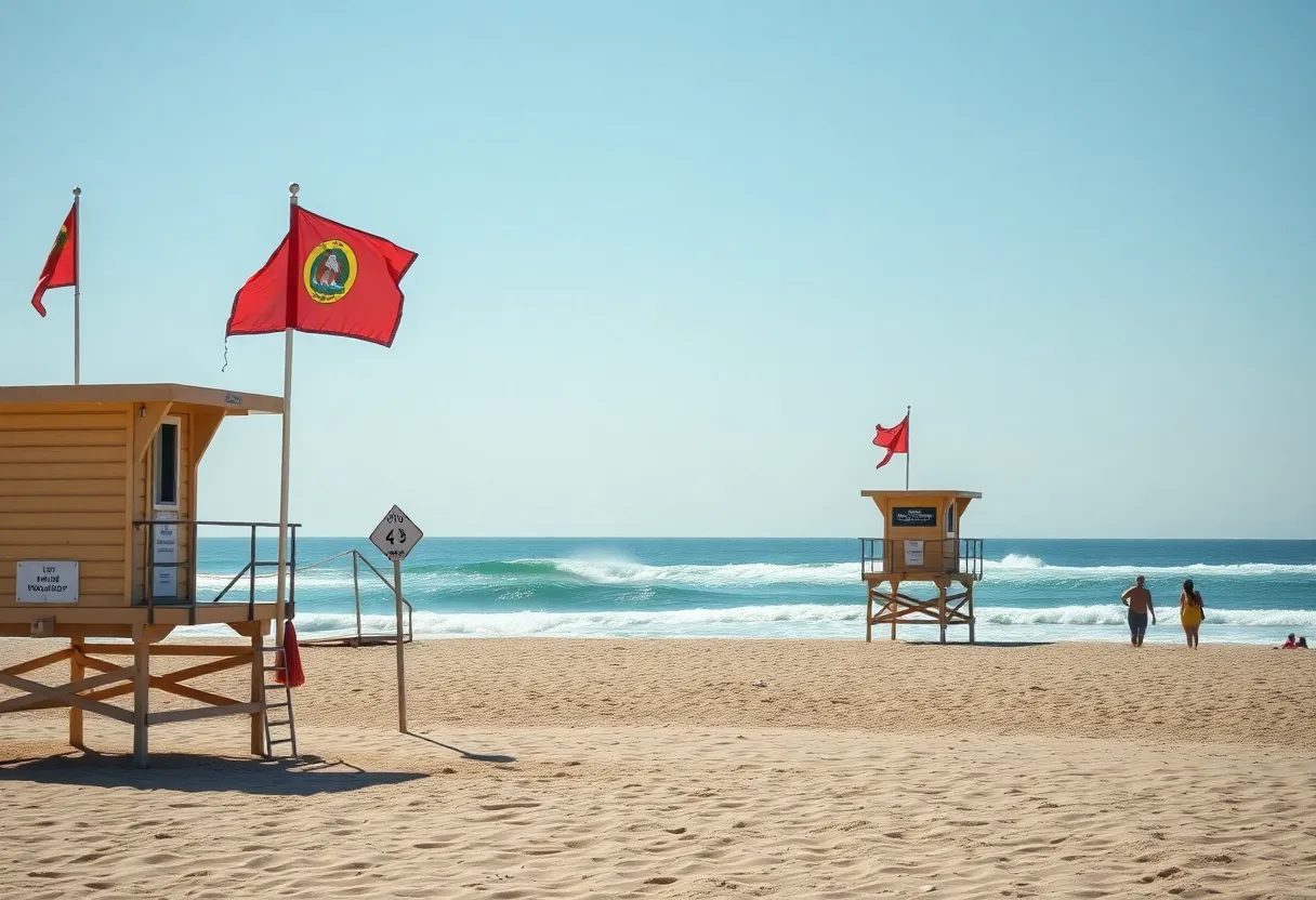 A scenic beach view showing safety flags and a calm ocean.