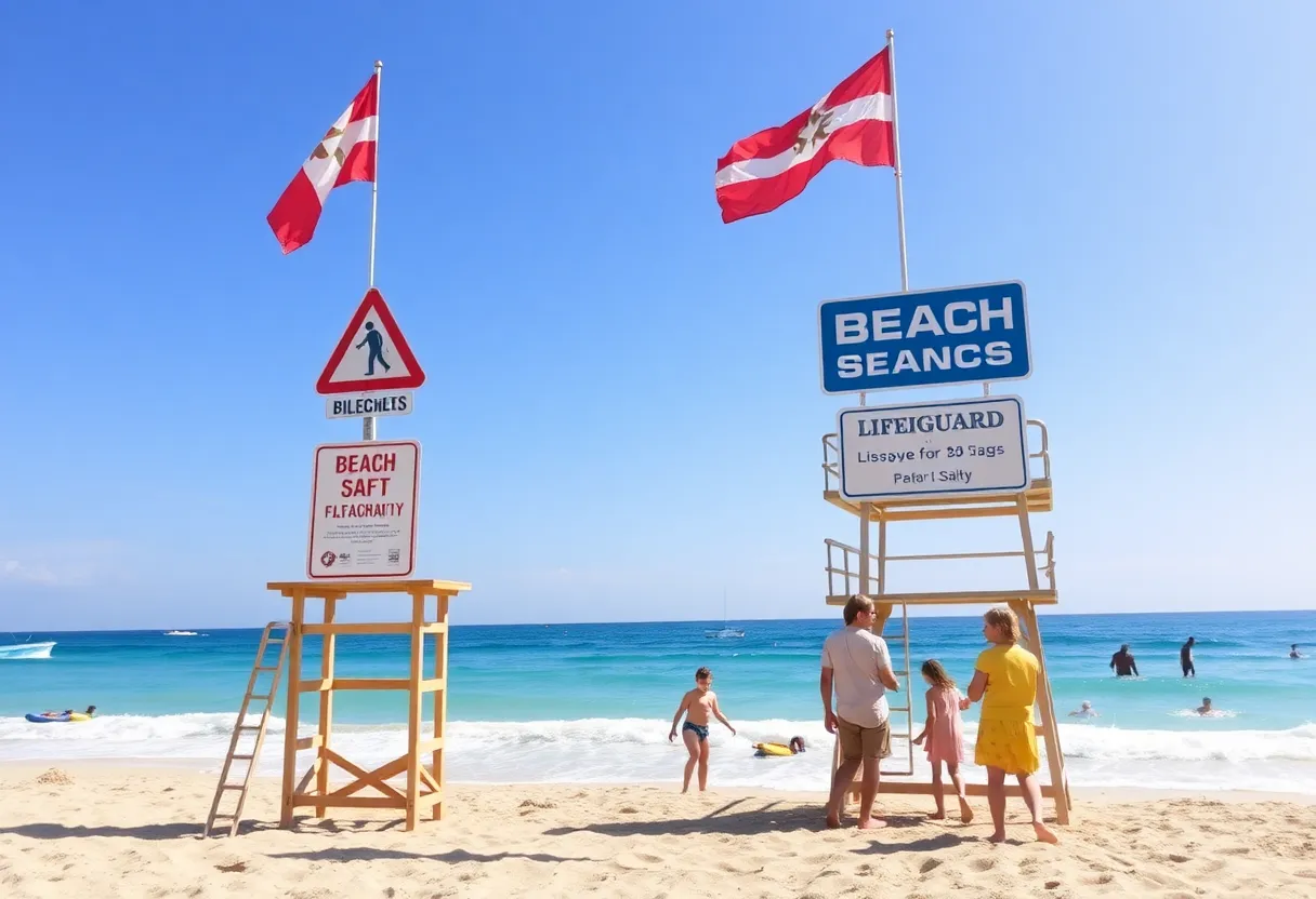 Scenes illustrating beach safety, including lifeguards and warning signs.