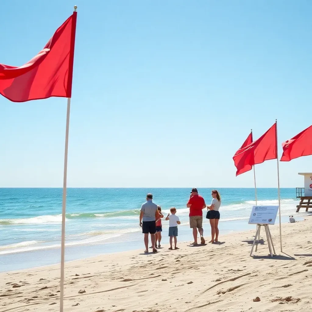 Beach with red flags warning of hazardous water conditions