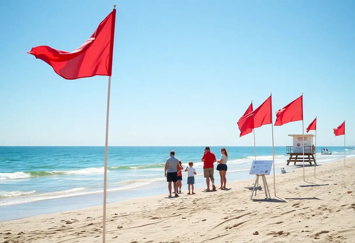 Beach with red flags warning of hazardous water conditions