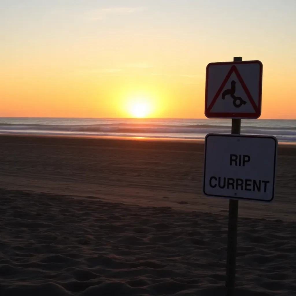 Warning signs at a beach about rip currents