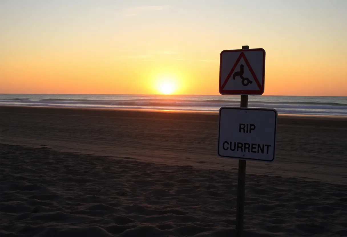 Warning signs at a beach about rip currents