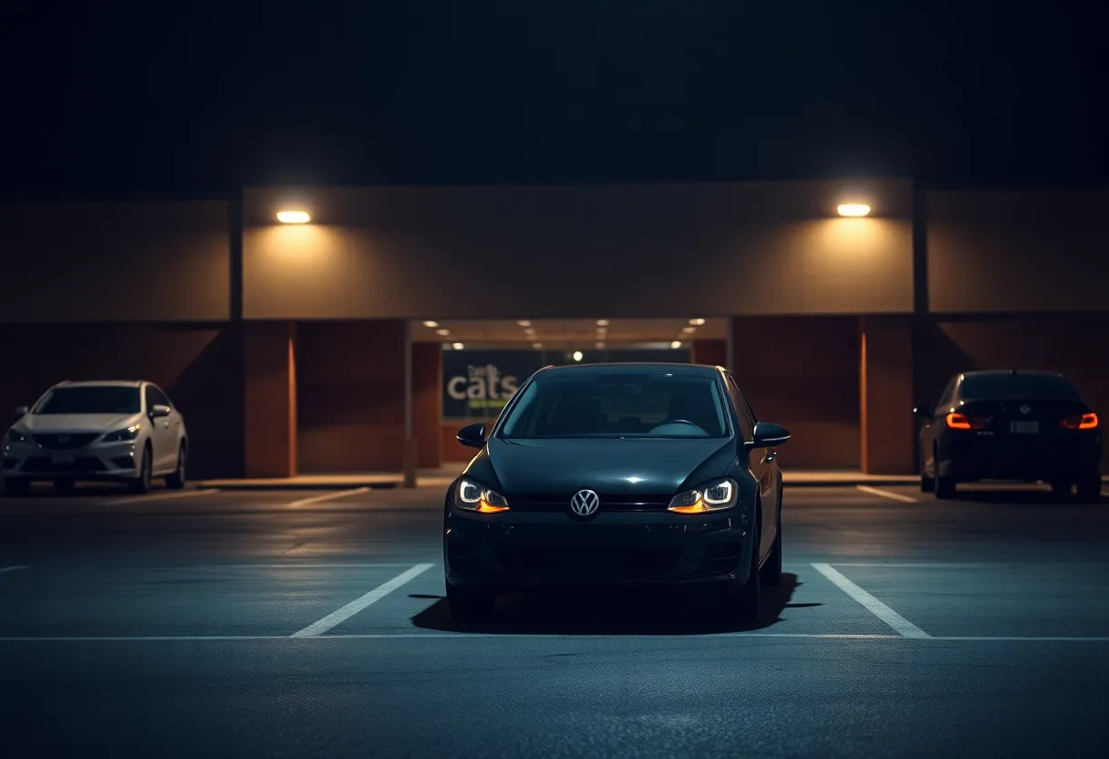 Parking lot scene with a black Volkswagen in a dimly lit area.