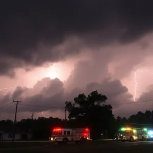 Firefighters responding to emergency calls during a thunderstorm in Bluffton