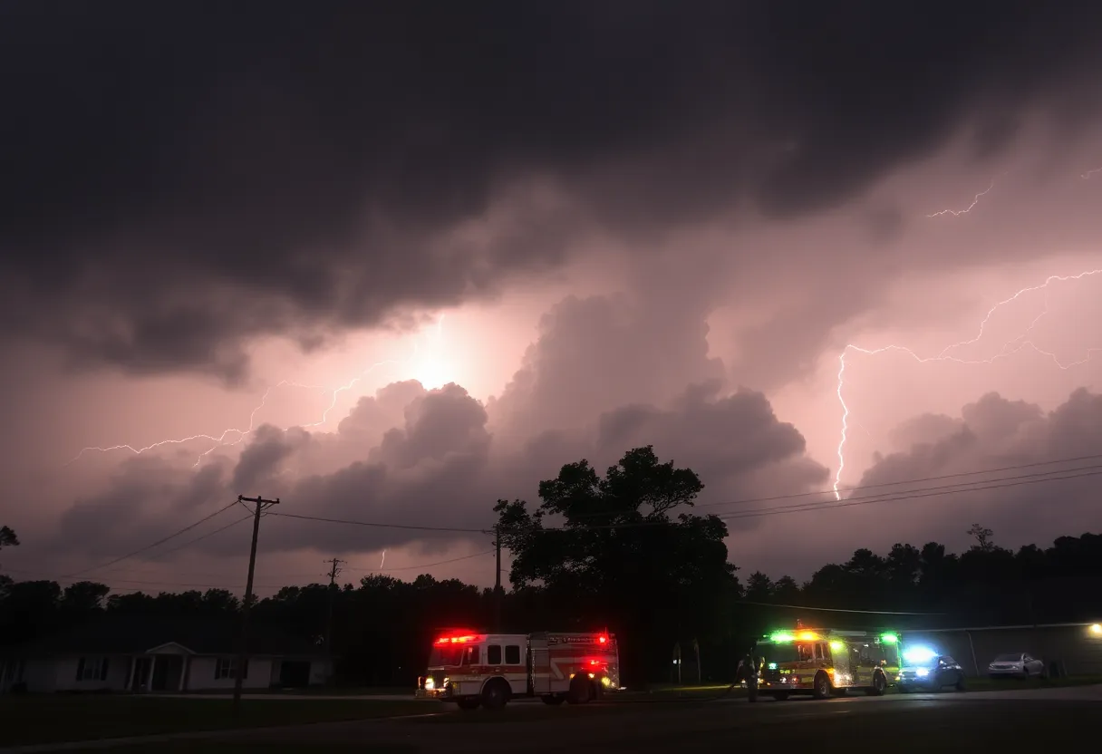 Firefighters responding to emergency calls during a thunderstorm in Bluffton