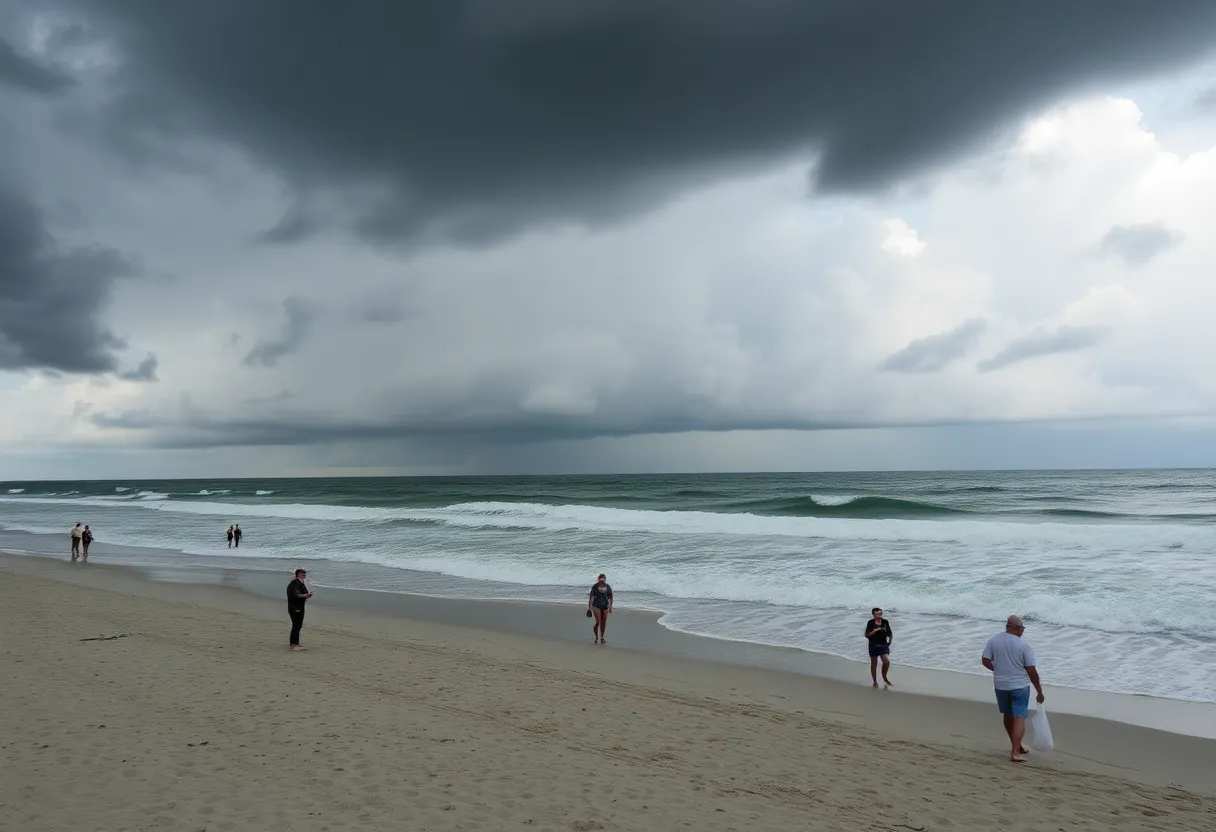 Charleston beach with storm clouds and rough waves, people preparing for bad weather