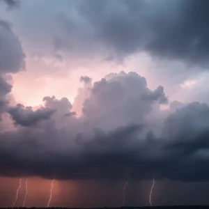 Dark storm clouds over Charleston with lightning