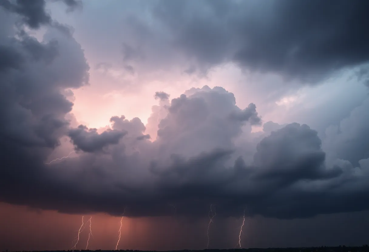 Dark storm clouds over Charleston with lightning