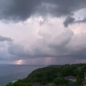 Thunderstorm clouds over the coast with lightning