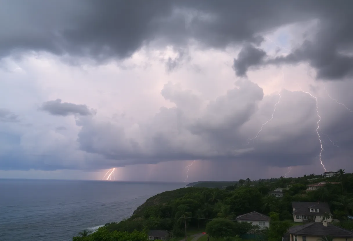 Thunderstorm clouds over the coast with lightning