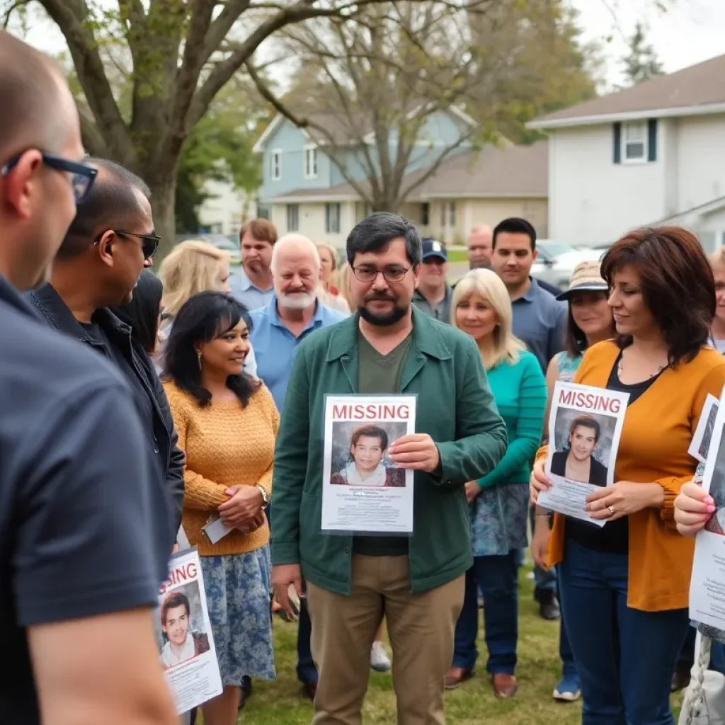 Community members looking for missing person with flyers.