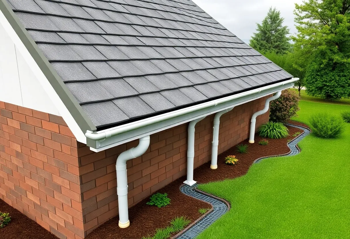 Illustration of a DIY roof drainage system with gutters and downspouts.