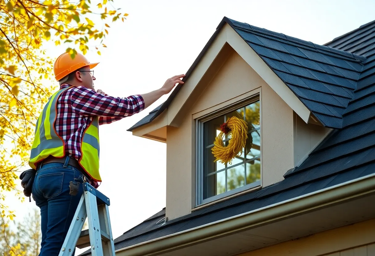 Homeowner performing a DIY roof inspection on a sunny day.