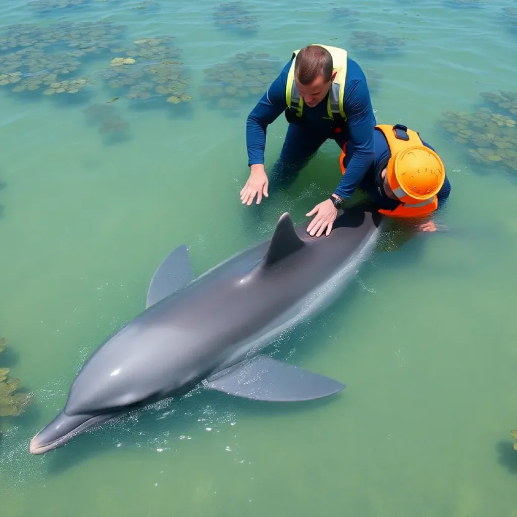 Rescue team assisting a dolphin in shallow lagoon waters
