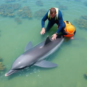 Rescue team assisting a dolphin in shallow lagoon waters