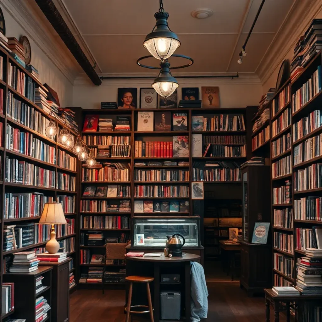 Interior of Emry's Bookshop with vintage decor and bookshelves