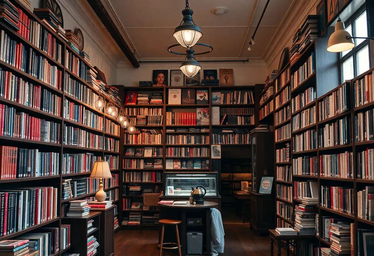 Interior of Emry's Bookshop with vintage decor and bookshelves