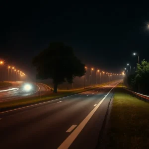 Scene of a highway at night with trees, highlighting road safety