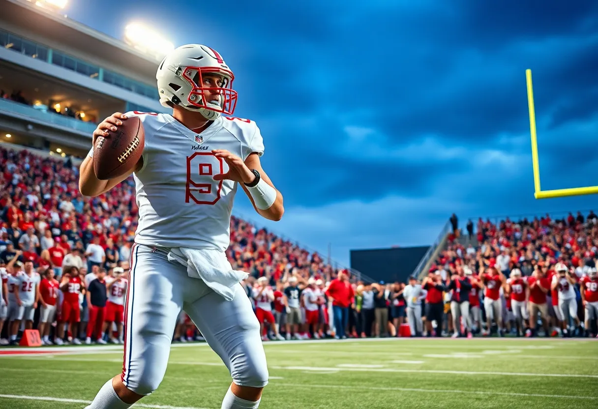 A quarterback in action during a college football game.