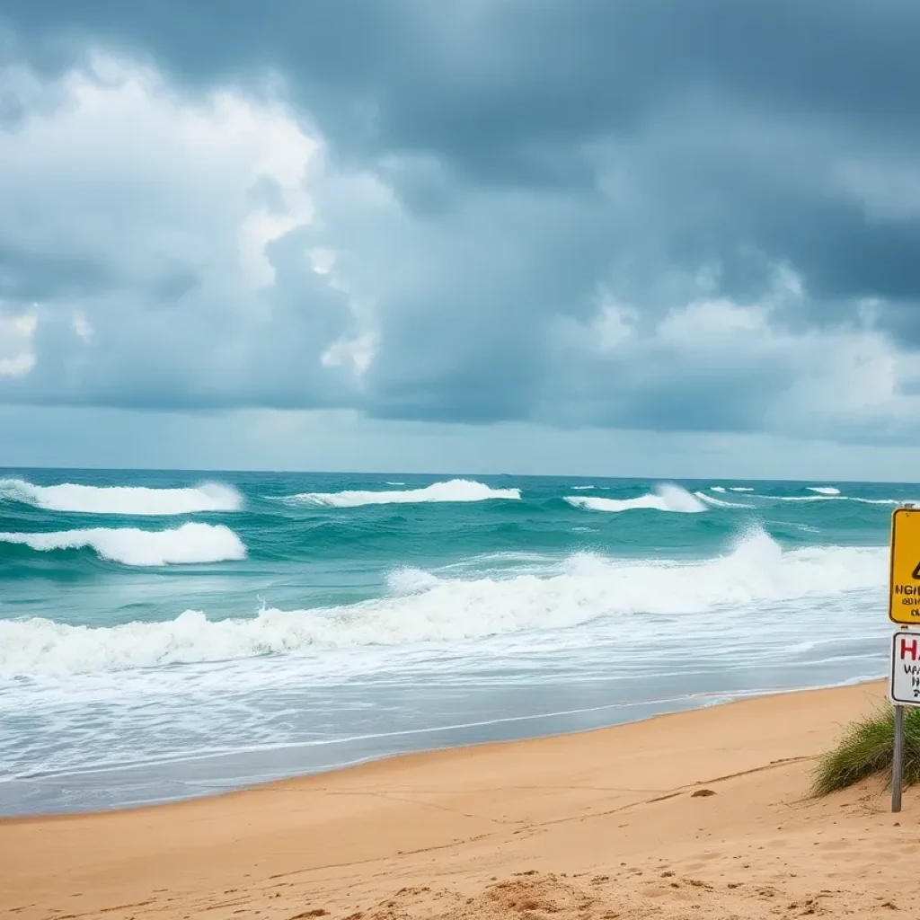 Stormy beach with high waves and warning signs due to Tropical Storm Chantal.