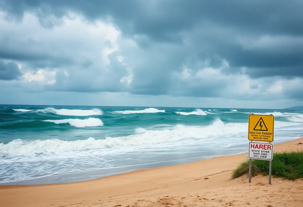 Stormy beach with high waves and warning signs due to Tropical Storm Chantal.