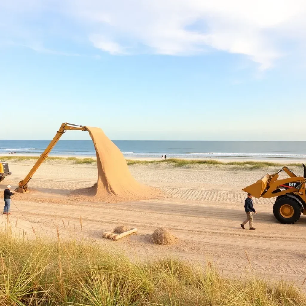 Hilton Head Island beach construction with machinery and sand distribution.