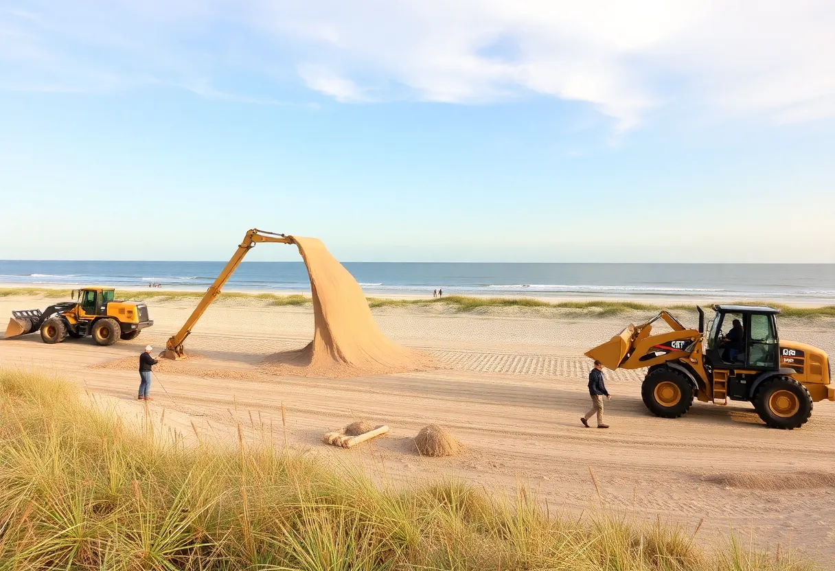 Hilton Head Island beach construction with machinery and sand distribution.