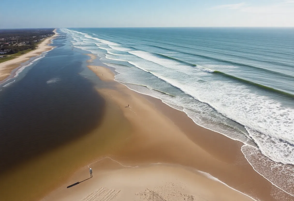 Aerial view of the coastline with safety signs on Hilton Head Island.