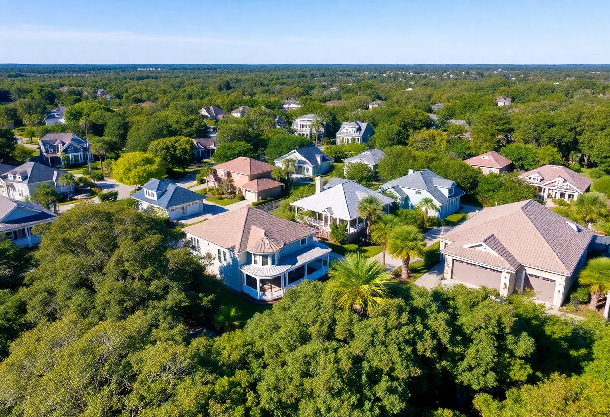 A scenic residential area in Hilton Head Island, South Carolina with different styles of homes.