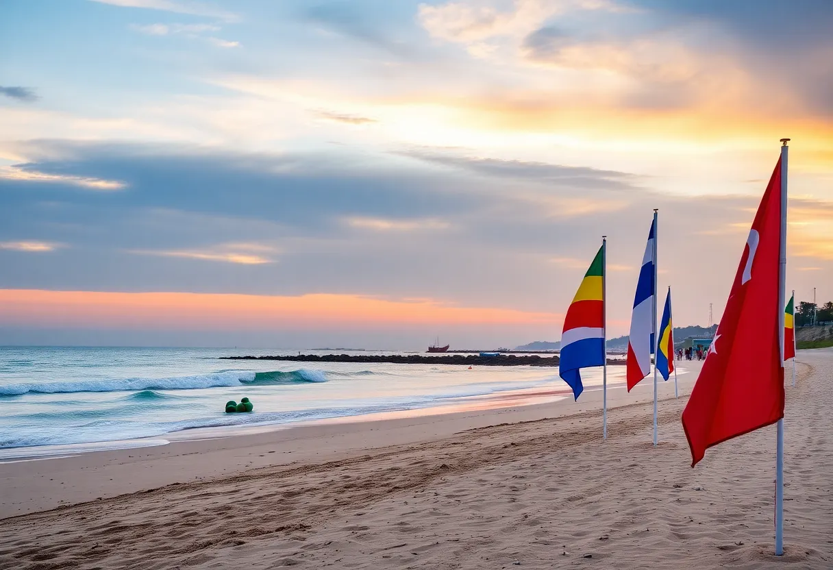 Beach with safety flags and lifeguard station