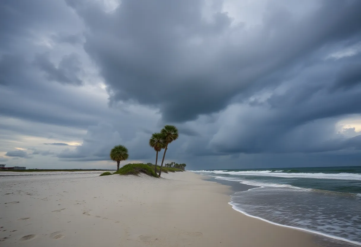 Dark clouds over Charleston beach signaling hurricane season