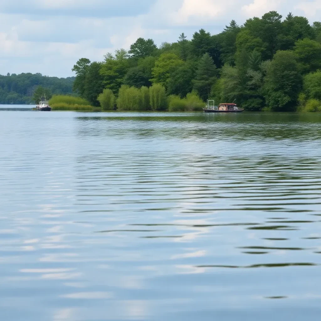 Calm waters of Lake Moultrie surrounded by greenery