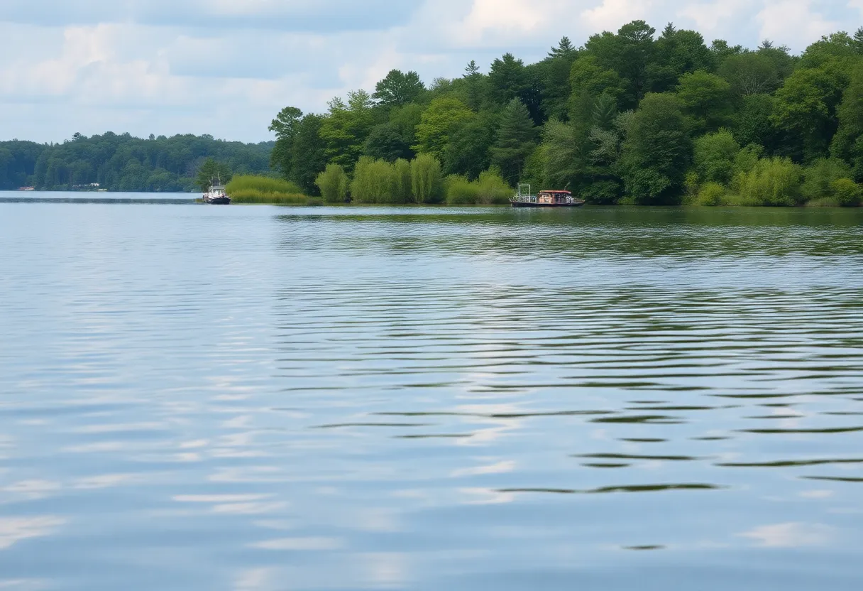 Calm waters of Lake Moultrie surrounded by greenery