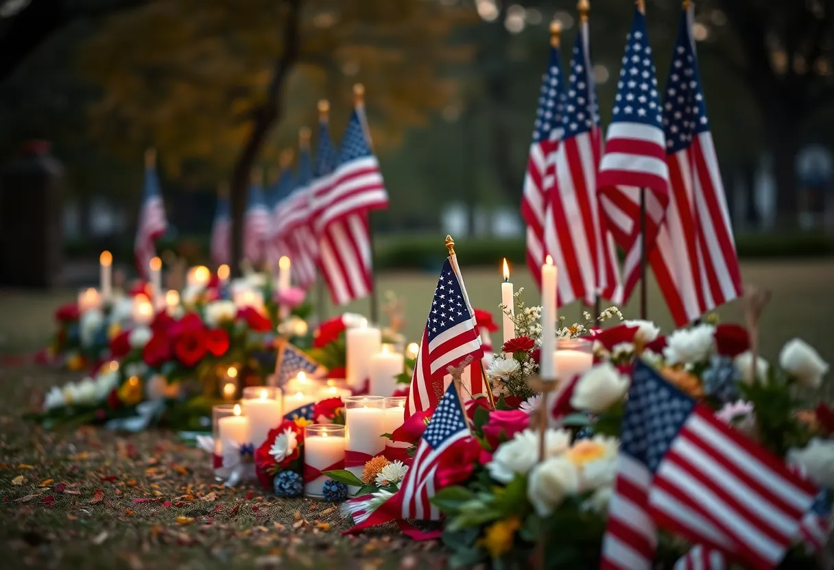 A memorial scene honoring a WWII veteran with flowers and flags