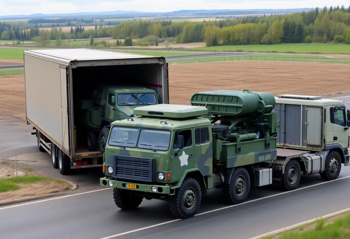 Military vehicles and equipment being loaded for shipment to Ukraine.