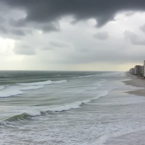 Turbulent waves and stormy skies at Myrtle Beach during Tropical Storm Chantal