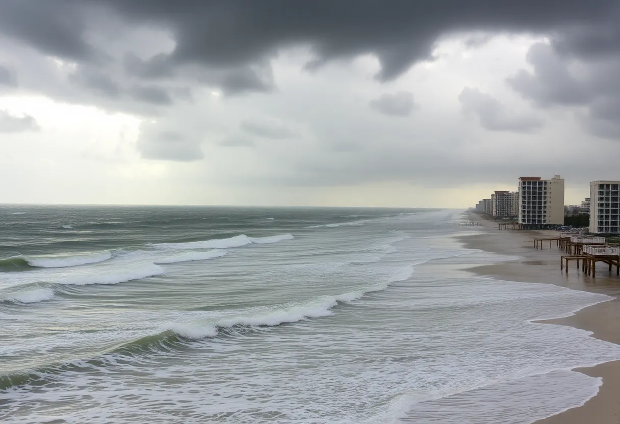 Turbulent waves and stormy skies at Myrtle Beach during Tropical Storm Chantal