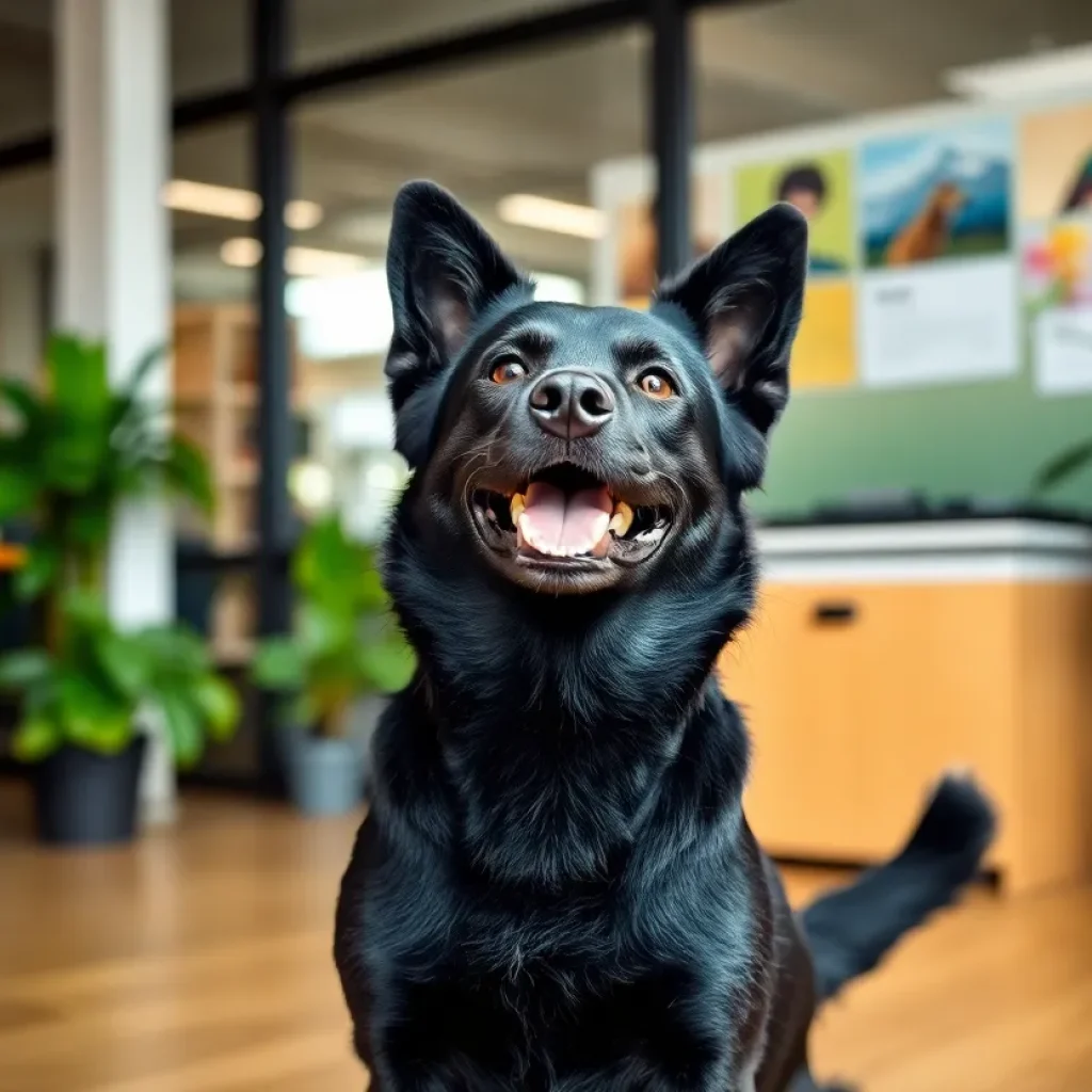 Otis Sheldon, the rescue dog, happily wagging its tail in a natural environment.