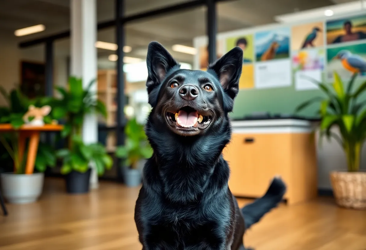 Otis Sheldon, the rescue dog, happily wagging its tail in a natural environment.