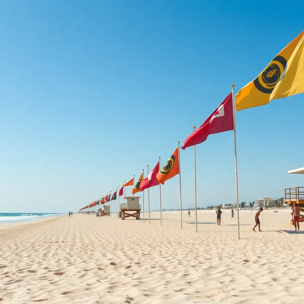 Beach with warning flags for rip currents