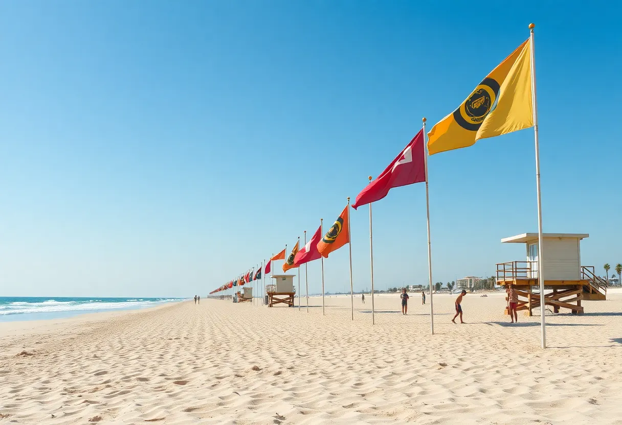 Beach with warning flags for rip currents