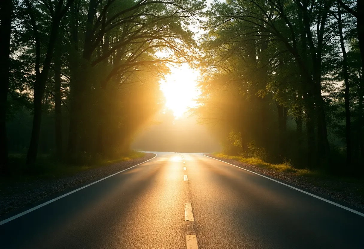 Morning view of a tree-lined road emphasizing driving safety