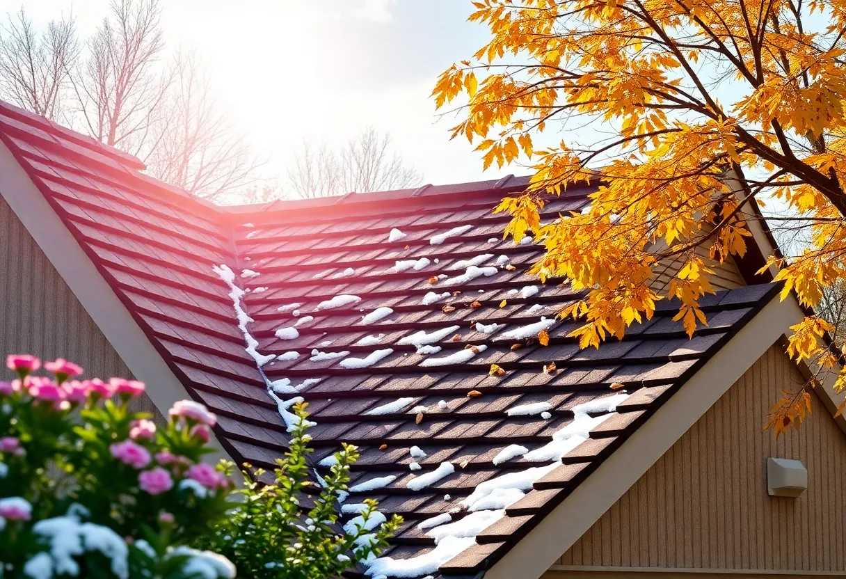 A roof undergoing maintenance during the four seasons.
