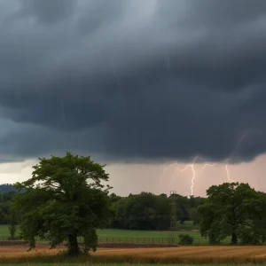 Dark storm clouds over a county with lightning and high winds