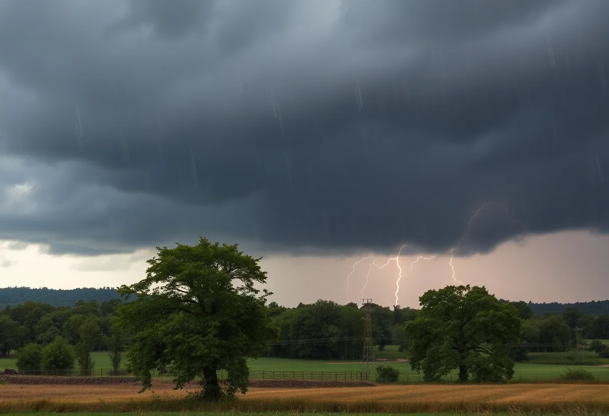 Dark storm clouds over a county with lightning and high winds