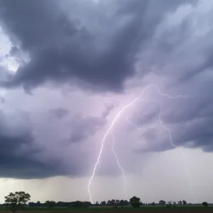 Dark storm clouds with lightning over a rural area