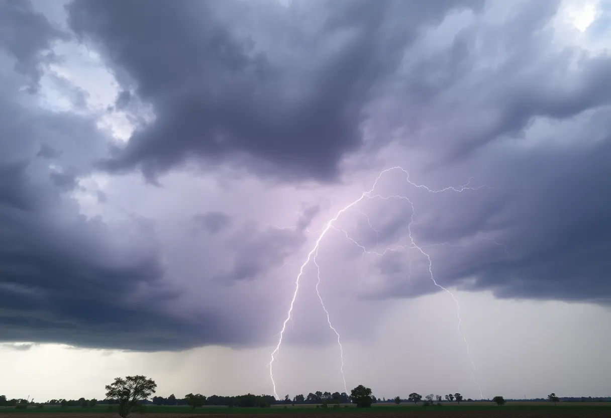 Dark storm clouds with lightning over a rural area